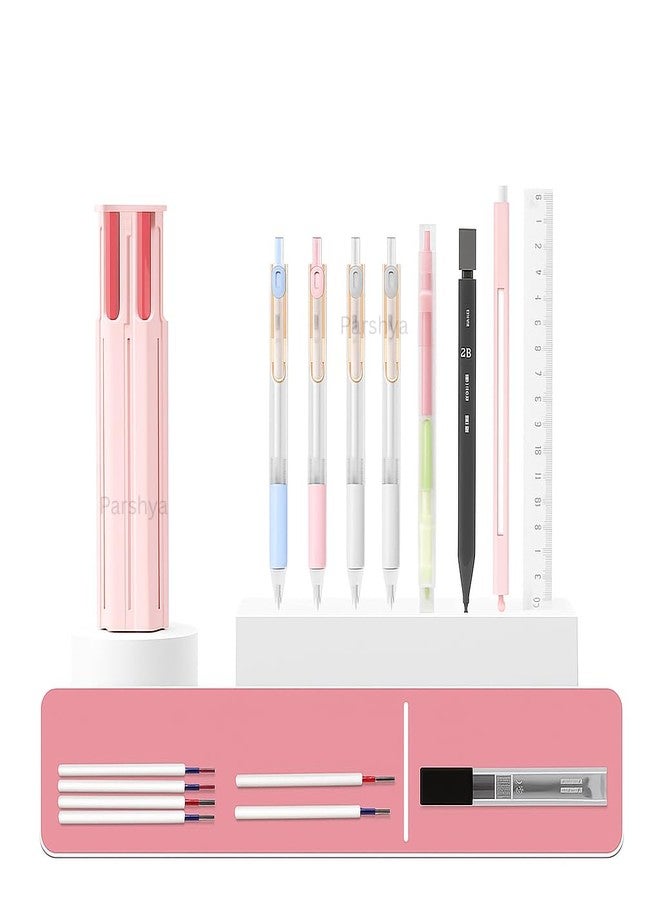 Parshya Pop-Up Pen Holder Pencil Case Set for Students, 6-in-1 Stationery Organizer with Gel Pens, Highlighter, 2B Pencil, Ruler & Eraser, Pen Pop-Out Portable Study Desk Holder (Pen Holder) - Image 1